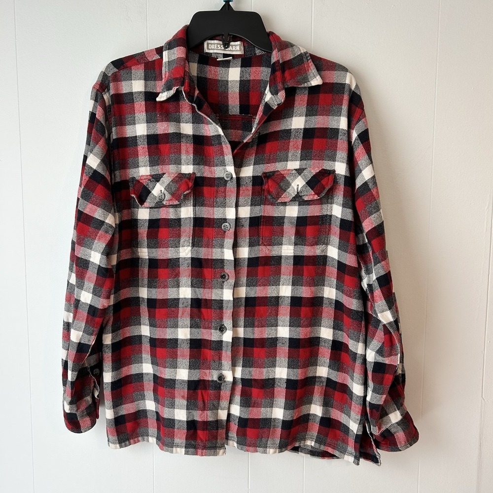 Dress Barn Plaid‎ Button Down Shirt Womens Large Red Black White 100% Cotton L